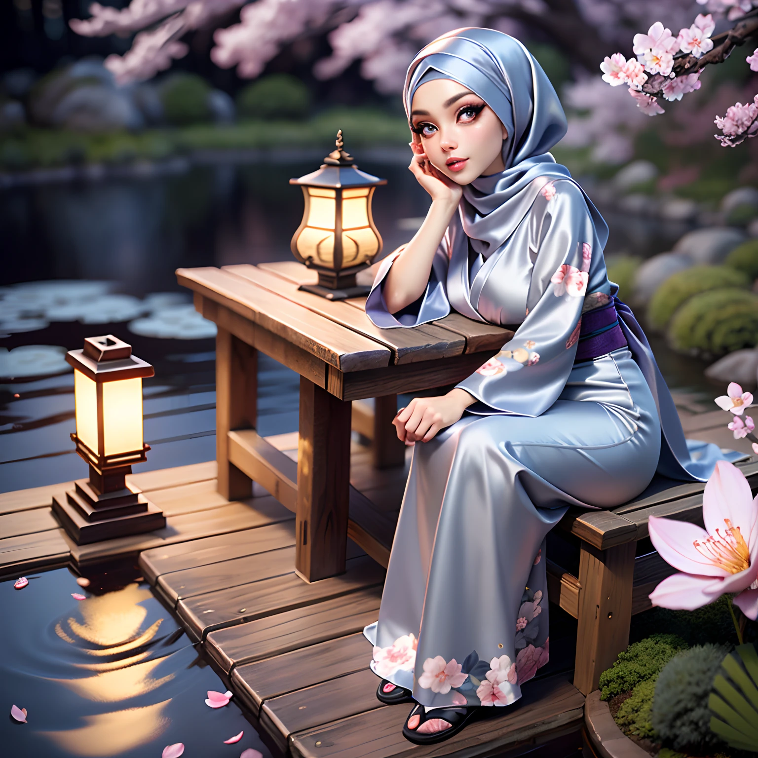 Masterpiece, Best Quality, 3D Rip Artwork, 3DMM Style, Close-up, Portrait, Realism, a woman beautifully makeup, eyeshadow, Parted Lips, Challenge Eye, beautiful big eyes, long eye lashes, wearing ((gray satin headscarf)), loosely tide hijab style, ((gray floral satin kimono)), satin long maxi skirt, sitting on a wooden bench in the centre of Japanese garden, springtime, Cherry blossoms, moonlight, shining water surface, Scattering cherry blossom petals、Lamp light、 lake