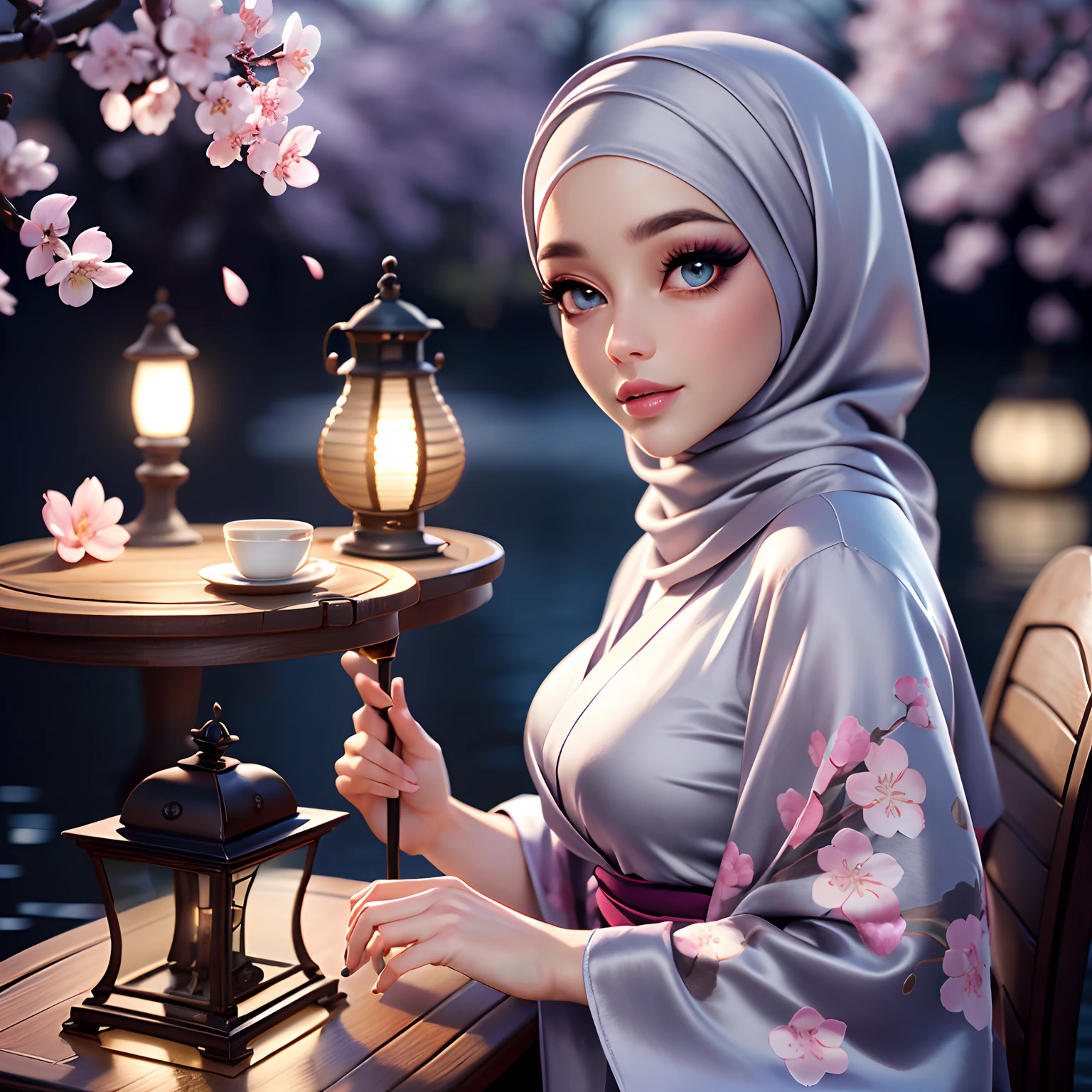 Masterpiece, Best Quality, 3D Rip Artwork, 3DMM Style, Close-up, Portrait, Realism, a woman beautifully makeup, eyeshadow, Parted Lips, Challenge Eye, beautiful big eyes, long eye lashes, wearing ((gray satin headscarf)), loosely tide hijab style, ((satin kimono)), sitting on a wrought iron bench in the center of a lush garden, springtime, Cherry blossoms, moonlight, shining water surface, Scattering cherry blossom petals、Lamp light、 lake