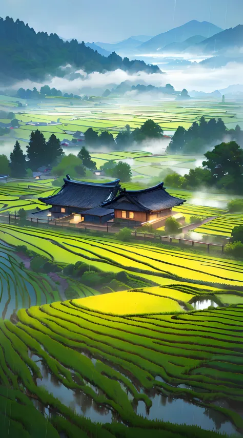 Large terraces，moutain terrain，Lodge，There are rice paddies，Rice fields，There are neat rice seedlings in the field，Foggy rain，vi...
