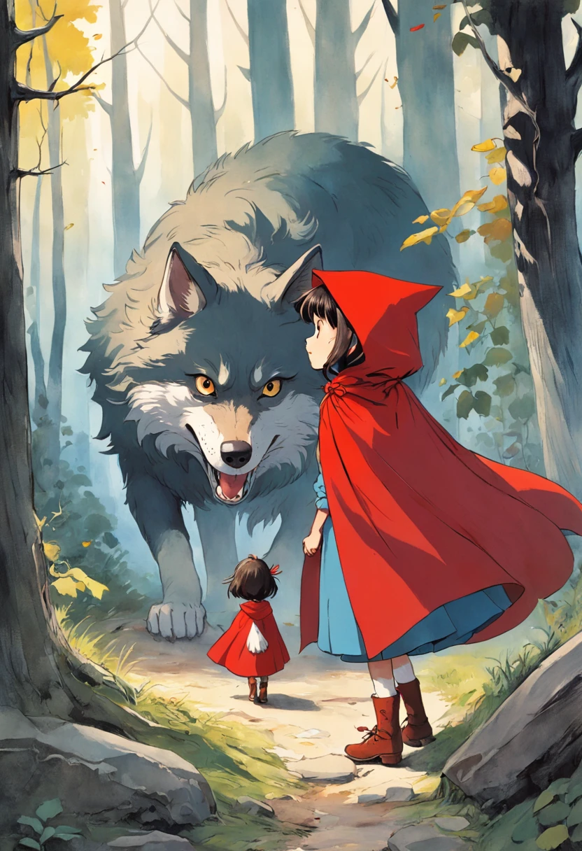 A painting of a little girl and a wolf in the woods - SeaArt AI