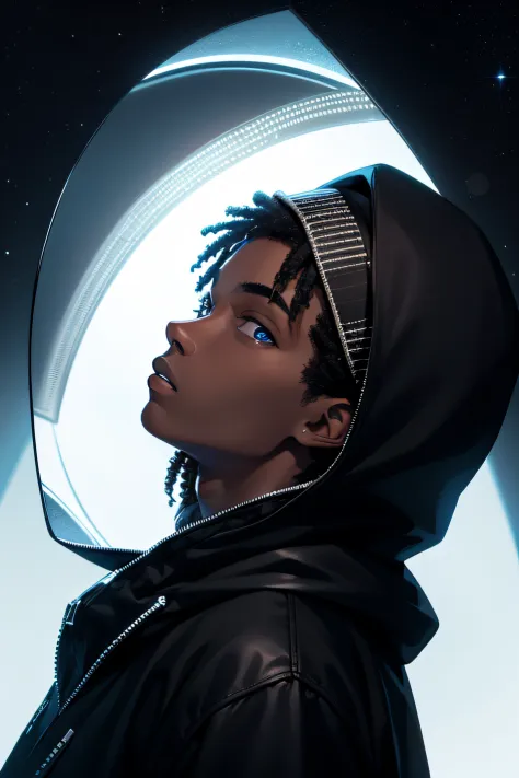 Young black man with hood looking into outer space having in his eyes the reflection of outer space,foco do reflexo nos olhos,realista,melhor qualidade