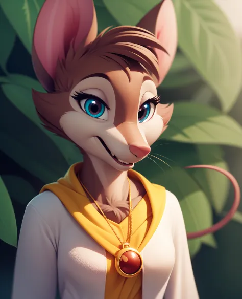 mrsbrisby, semi-anthro, furry female, portrait,  necklace, amulet, solo, standing, (body fur:1.3), (best quality:1.1), looking a...