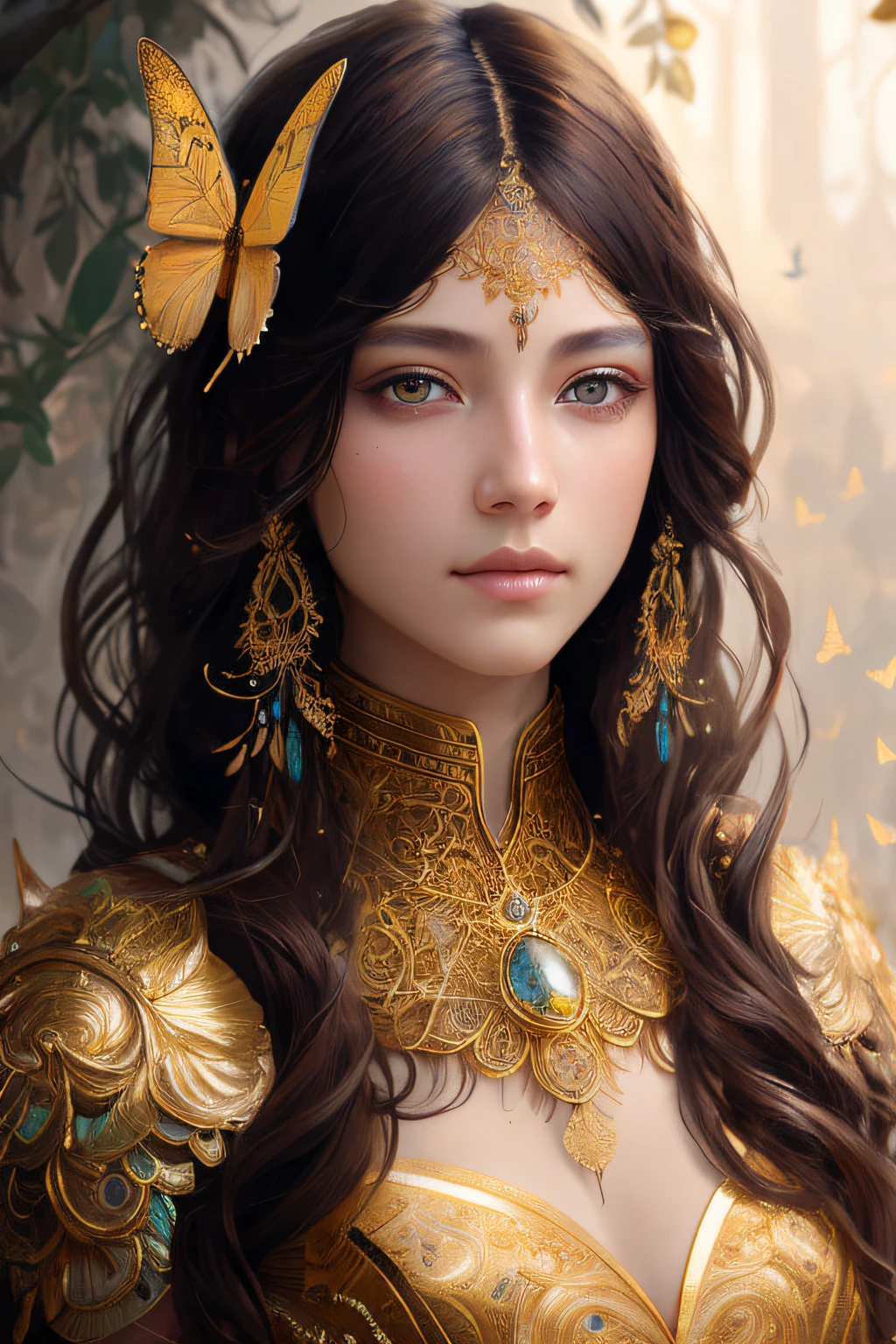 8k portrait of beautiful cyborg with brown hair, intricate, elegant, highly detailed, majestic, digital photography, art by artgerm and ruan jia and greg rutkowski surreal painting gold butterfly filigree, broken glasasterpiece, sidelighting, finely detailed beautiful eyes: 1.2), hdr