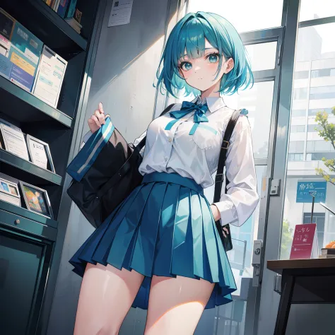 Short blue-green hair，The face is larger but shiny，Oversized student dress apricot pleated skirt，Moe