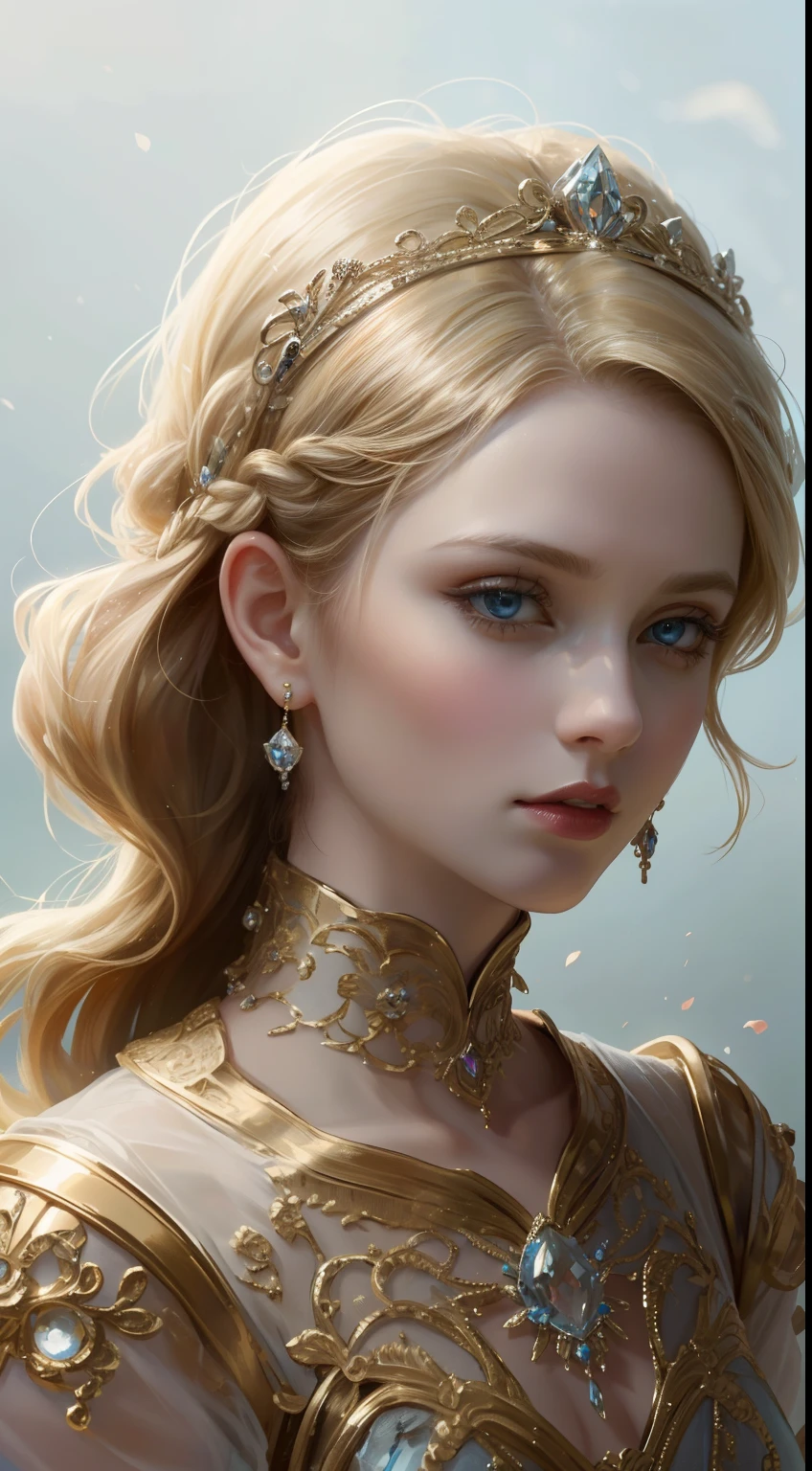 tmasterpiece，Highest high resolution，Dynamic bust of a beautiful royal maiden，Delicate blonde braided hair，Blue clear eyes，The hair is covered with beautiful and delicate floral craftsmanship, Crystal jewelry filigree，Ultra-detailed details，upscaled。Beauty effect