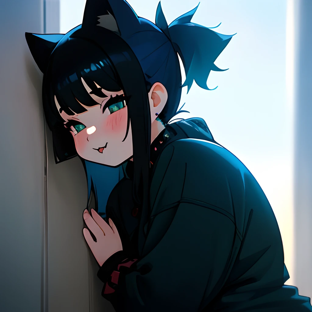 Anime girl with black hair and blue eyes leaning against a wall - SeaArt AI