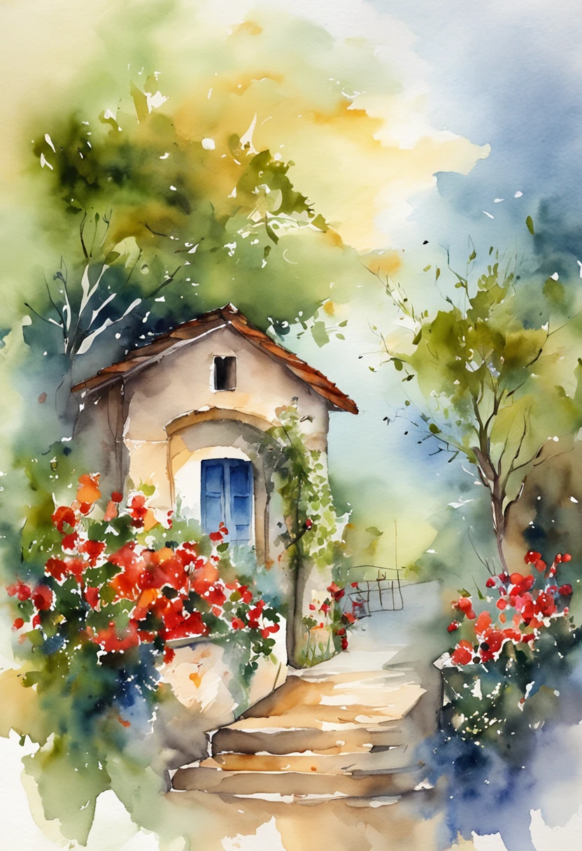 A painting of a house with a garden and flowers on the steps - SeaArt AI