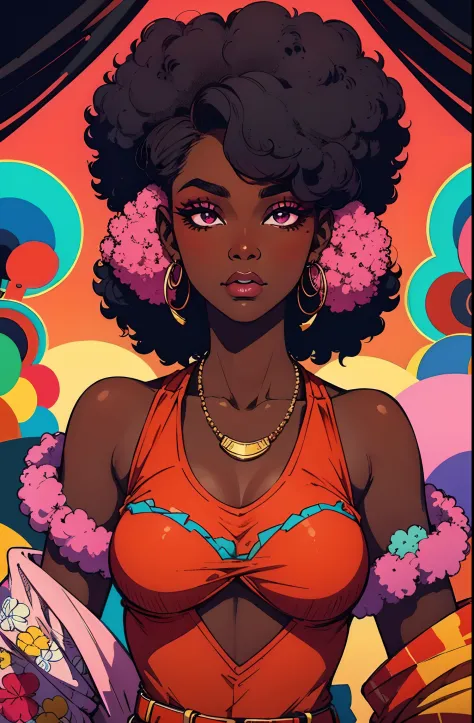 (best quality:1.1),original,1girl,chic,trendy,lolipop,afro,dark skin,makeup,1970's,psychedelic