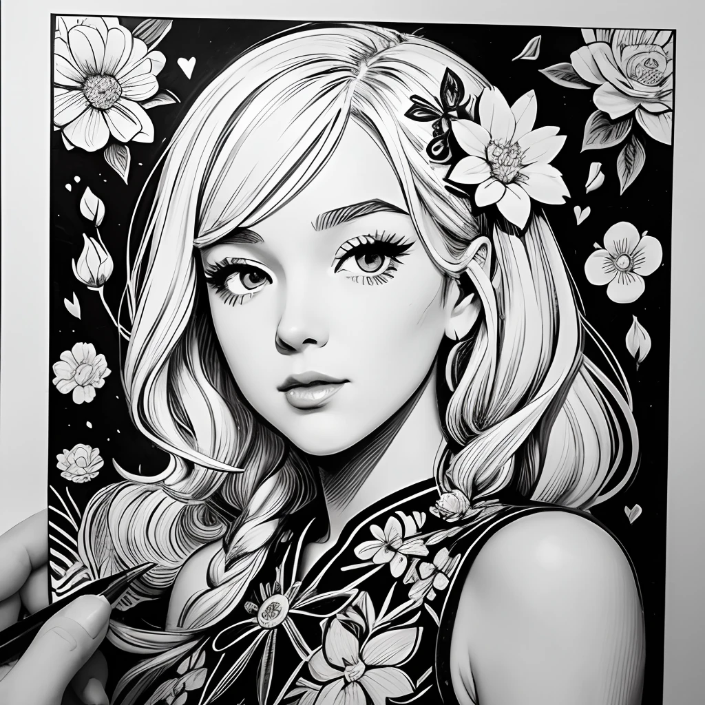 Black and white stick figure 1 girl with flowers,  lots of flowers in background,  in dress with flowers, its fine ink line art, comic style, portrait of ploynesian girl, Marilyn Munroe, Hollywood glam, beautiful line art, black and white comic style, manga style, manga art style, pencil and ink caricature drawing, black and white coloring