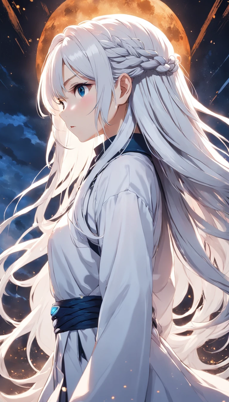 A girl with long white hair with a thin twisted braid on the right side with long white hair is a gray-blue eye of an eight-pointed star