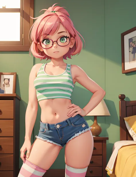 1girl, small breasts, small hips, green eyes, pink hair, crop top, denim shorts, bedroom, striped thighhighs,,pervert, petite, g...