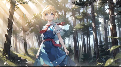 alice margatroid standing with hair blowing in the wind, 1 girl, solo, forest, looking at viewer, blonde hair, blue eyes, forest...