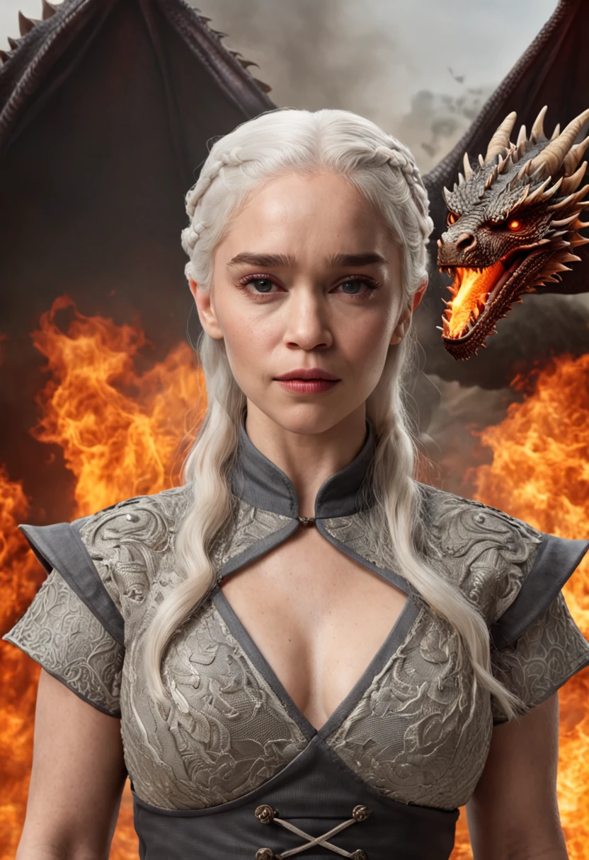 t-shirt design, 2D illustration, centered art,3 dragons in the background breathing fire, face of Emilia Clarke Atriz britânica White hair de Game of Thrones, gothic colors, mood of tension and terror, Adobe Illustration, Trending on Artstation, 8K, hd, masterpiece, gorgeous art, intricate details , -