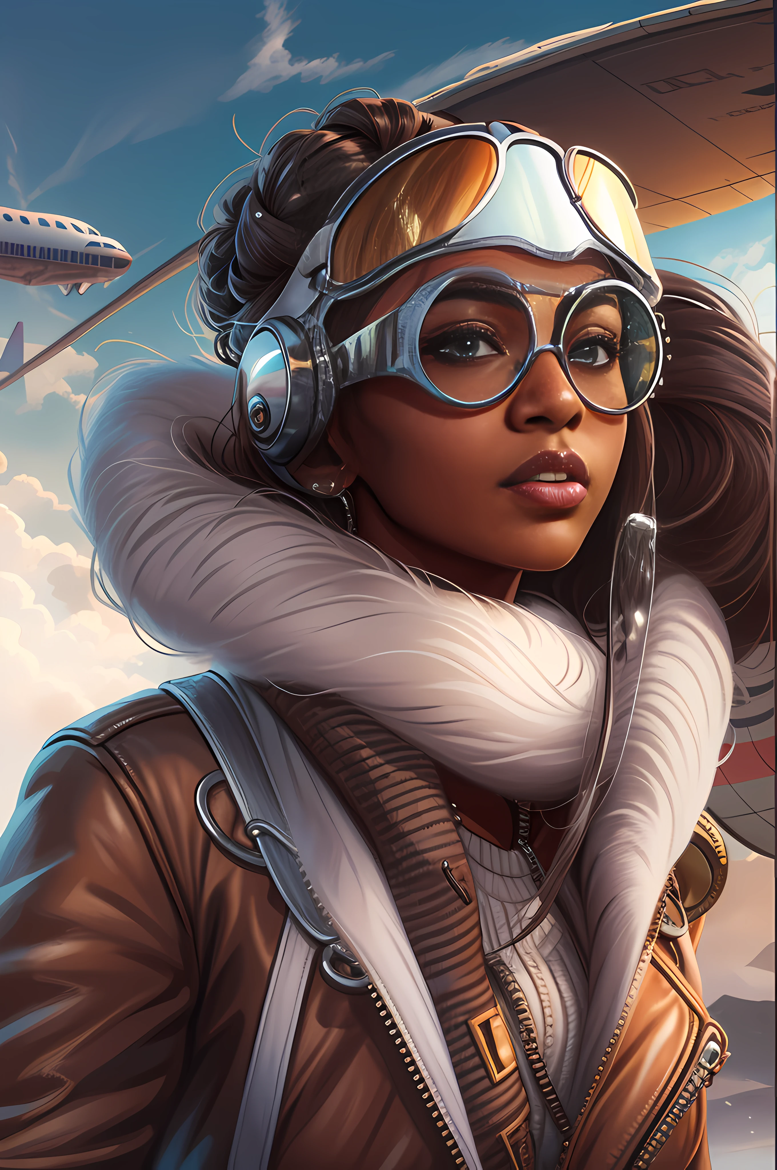 アビエーター ジャケットを着た美しいアフリカ系アメリカ人女性, 飛行機の隣に立つ白いスカーフとゴーグルを付けた飛行士のボンバーハット, デジタルペインティング, デジタルイラストレーション, 細部までこだわった, デジタルアート, 4K, ウルトラHD. 彼女の肌は深い, 濃い色で、髪は後ろにまとめられている