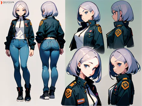 ((masterpiece)), (((best quality))), (character design sheet, same character full body, front, side, back), illustration, 1 girl, stunning facial features, uniform hair color, hairstyle, costume, jacket, tomboy, tight jeans, thick thighs, character design,...