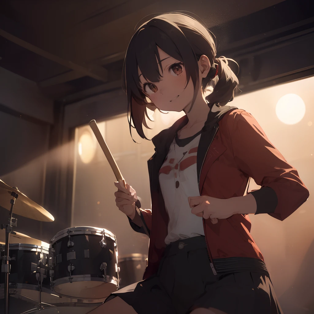 Anime girl with a drum kit in a room with a light - SeaArt AI