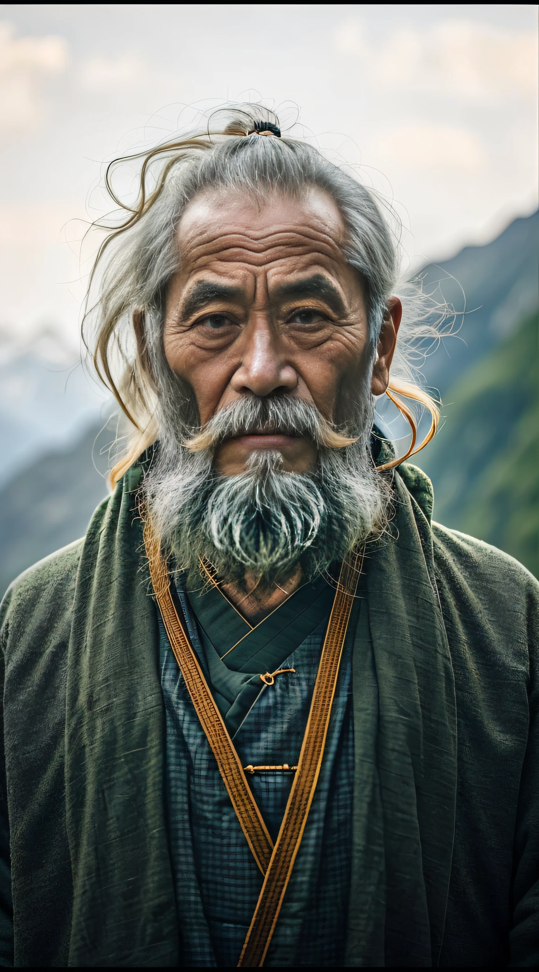 An Araved man with a long beard and mustache stands in front of the mountain, portrait of monk, Wise old man, Asian people, 50mm portrait, An old man, 7 0 mm portrait, old man portrait, 60mm portrait, portrait photo of an old man, portrait featured on unsplash, Asian face, rugged face, Taoist