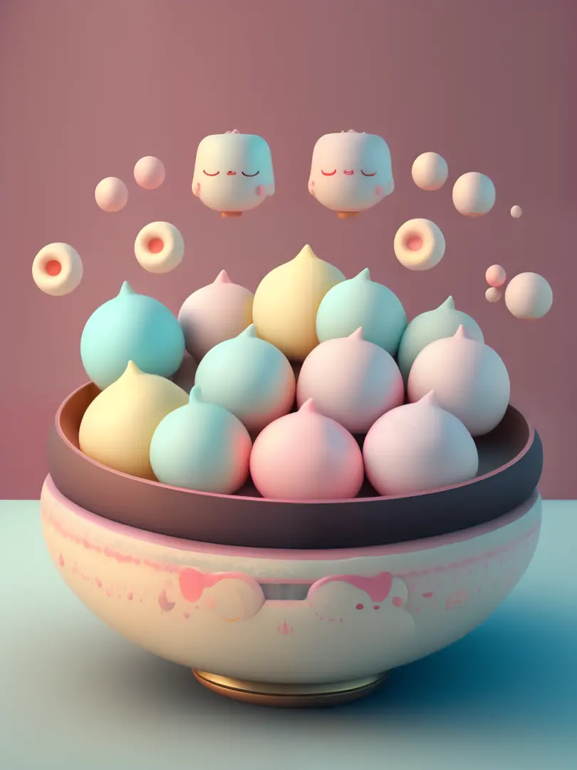 Chibi style,Dozens of tangyuan with rabbit ears,Very cute face,Very real,Chinese folk art style tangyuan,Chinese kitchen background,Steaming hot,It looks delicious.,Ultra high definition image quality,