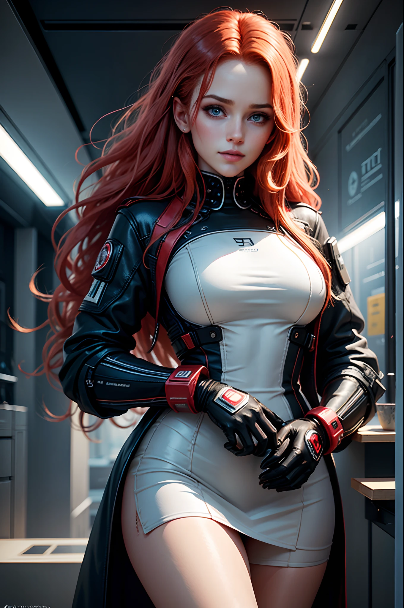 A photographic portrayal of an ultra-realistic portrait, resembling the work of Annie Leibovitz, featuring a stunning red-haired woman in a cyberpunk-style futuristic suit. She radiates happiness, with mesmerizing eyes and gorgeous tresses, showcasing her beauty. Shot with a 35mm lens, warm color temperature, and soft, diffused lighting in a dreamy atmosphere. --v 5 --stylize 1000