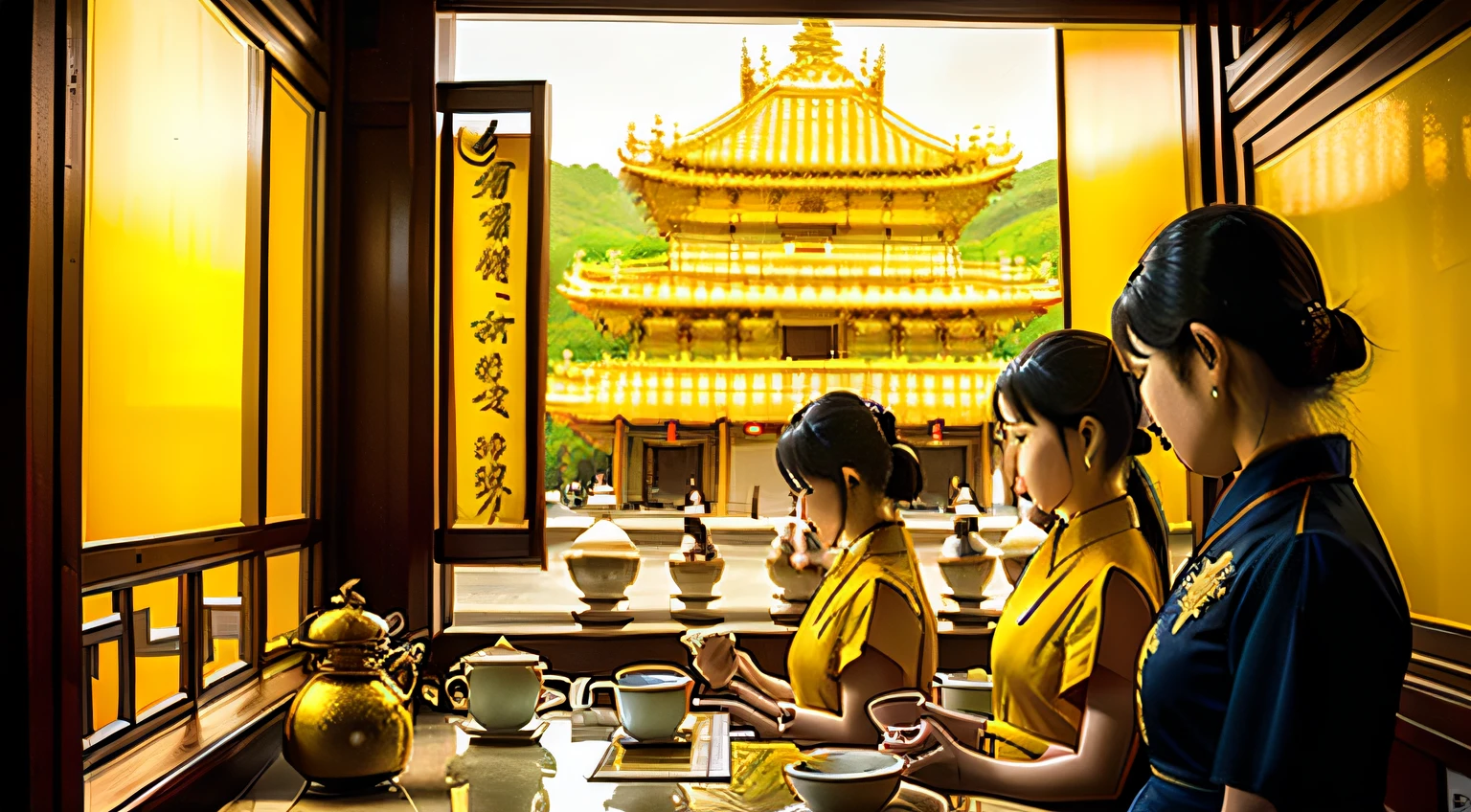 Two young Chinese women drink coffee in a coffee shop in a temple dress，Elegant posture，The temple is wide，The temple is golden yellow and navy