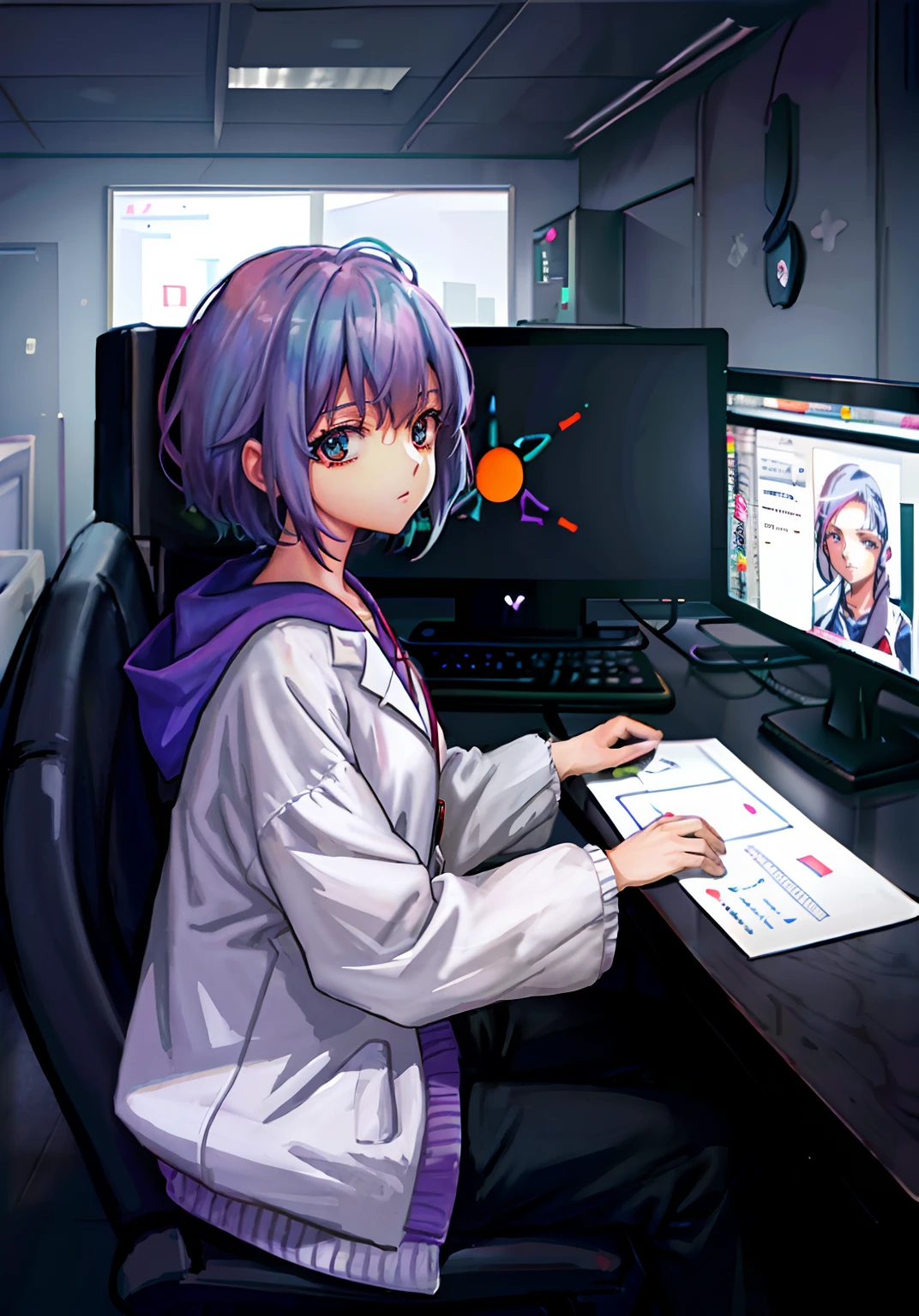 Anime girl sitting at desk，Hold a computer and keyboard, style of anime4 K, Digital anime illustration, anime moe art style, High Quality Anime Art Style, Anime style. 8K, Digital art on Pixiv, anime art style, ufotable studio art style, Pixiv style, Anime art style, Digital anime art, ig studios anime style