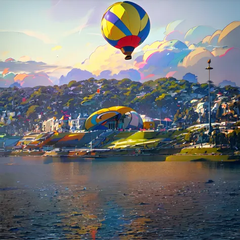 there is a yellow hot air balloon over the hill above the water, taken with iphone 1 3 pro max, taken with iphone 1 3 pro, taken...