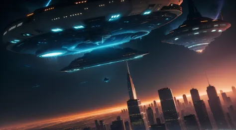 Spaceships fly over cities at night，There are traces of fire, ufo attack, Aliens invade Earth, depicted as a scifi scene, the ufo is over the city, Invasion of Earth time, spaceships flying in background, alien spaceship, the spaceship is on fire, Alien ba...