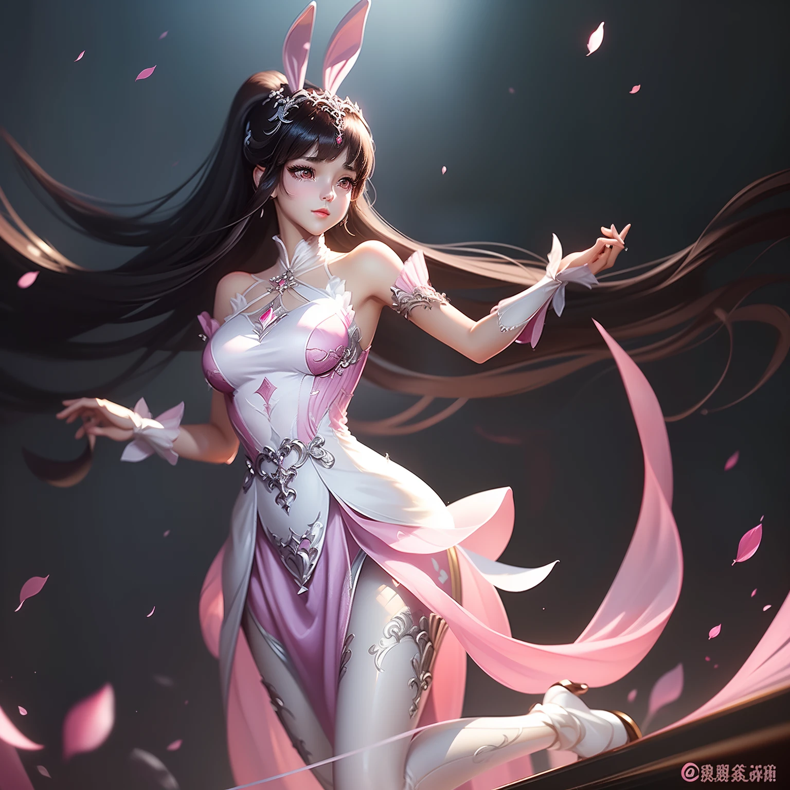 (Coefficient: 1.2) (fresh and elegant painting style + clear and delicate picture quality), (girl + petite figure + brown eyes + cute and charming rabbit ears + pink chiffon dress + elegant and aesthetic temperament + youthful vitality + black hair + soft and warm), (exquisite beauty + clear facial features)