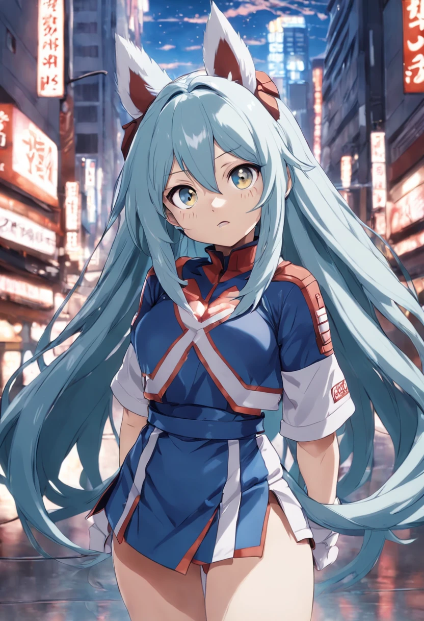 A woman with long blue hair and a blue dress in a city - SeaArt AI