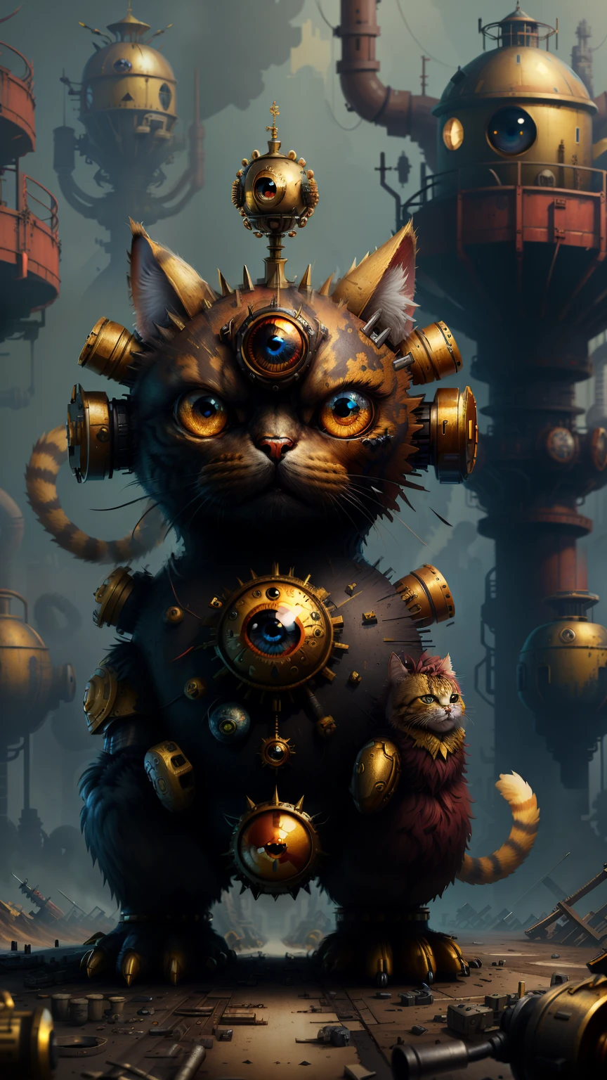 複雑な，非常に詳細な情報が豊富，巨大な砂時計，黄金のロボット猫