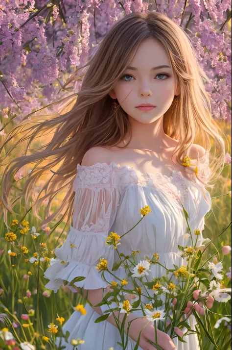 A pure girl, dressed in a flowing white dress, standing amidst a field of blooming wildflowers, surrounded by a gentle breeze, c...