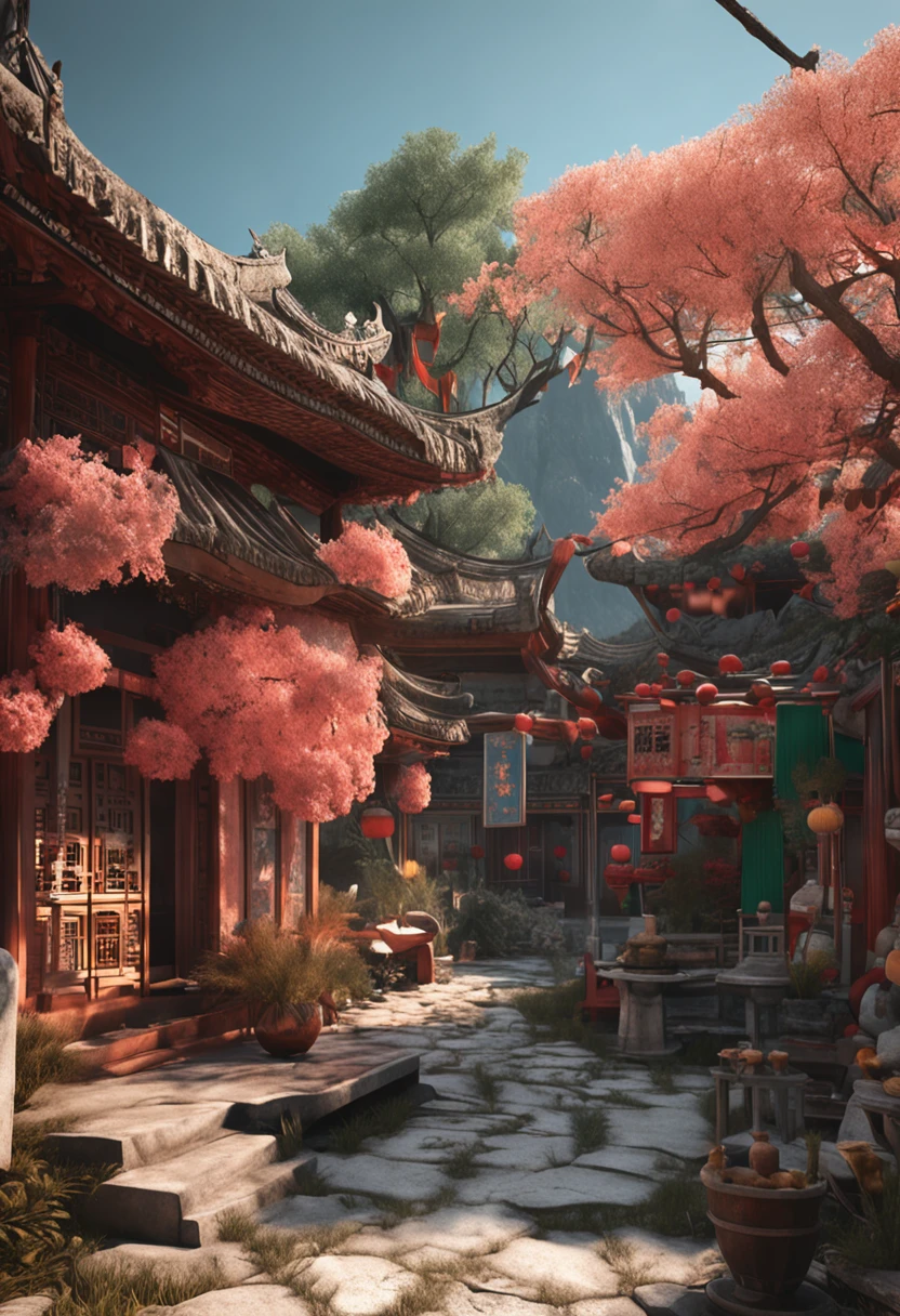 A close up of a courtyard with a lot of trees and lanterns - SeaArt AI