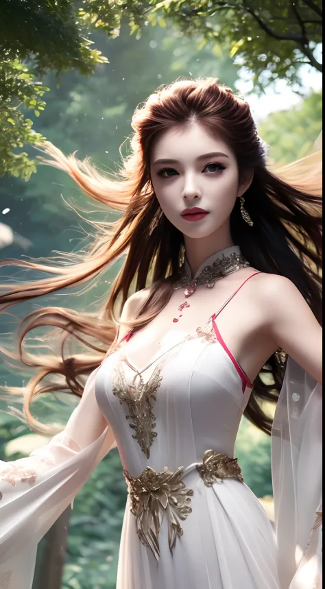 8K Ultra HD, Mastmis, A girl, Good face, Detailed, Eyes, Beautiful lips, Very red hair, dishiveredhair, Medium breasts, Wedding dress, White dress, In the park, Flying birds, blows wind, clear weather, Sitting, Full body capture,