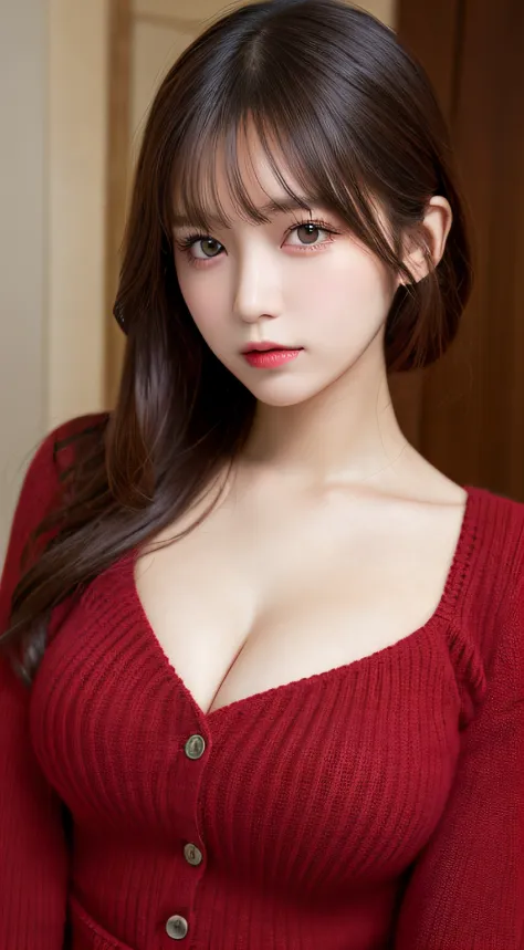 masutepiece, Best Quality, Illustration, Ultra-detailed, finely detail, hight resolution, 8K Wallpaper, Perfect dynamic composition, Beautiful detailed eyes,  Natural Lip, red knitted dress , Big breasts, cleavage, Random sexy poses