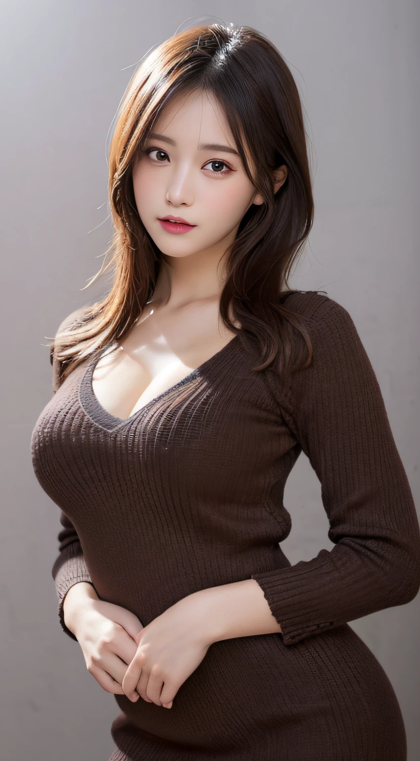 masutepiece, Best Quality, Illustration, Ultra-detailed, finely detail, hight resolution, 8K Wallpaper, Perfect dynamic composition, Beautiful detailed eyes,  medium hair,Natural Lip, sexy knitted dress , Big breasts, cleavage, Random sexy poses, full body