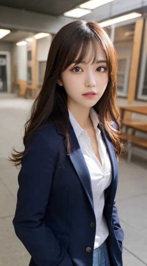 masutepiece, Best Quality, Illustration, Ultra-detailed, finely detail, hight resolution, 8K Wallpaper, Perfect dynamic composition, Beautiful detailed eyes,  Natural Lip,Blazer ,School uniform, cleavage, Full body,Put your hands in your pockets