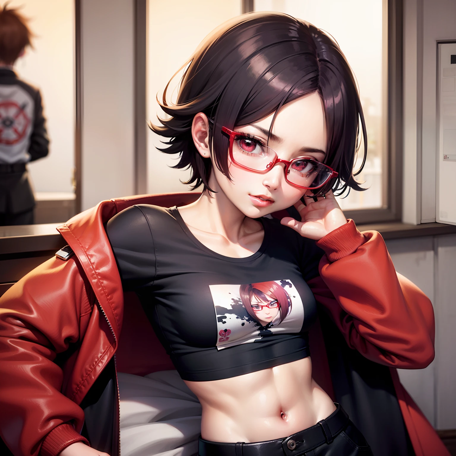 Uchiha Sarada, eyeglasses, teen, 8k, Masterpiece, crop top, short hair, eyeglasses, looking at viewer, 8k, sexy, black and red jacket, teen,ultrasharp, pretty, beautiful eyes,  sharingan, badass, 1 person, red eyes,