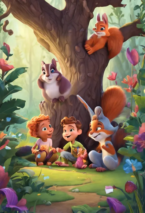 Three friends Lily,Ben and Max see a magical creature—a talking squirrel，His name is Sparkle。!