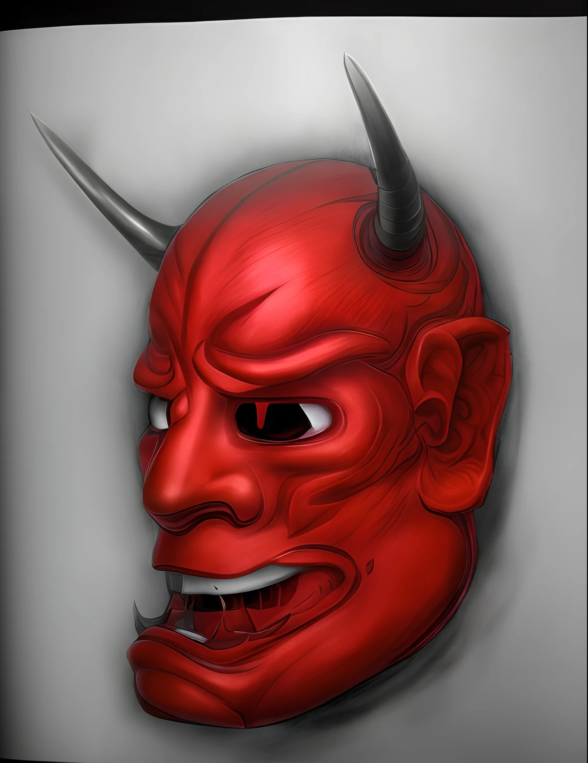 White Mask，red Eyes And Mouth，there Is A Drawing Of A Man With A Horned