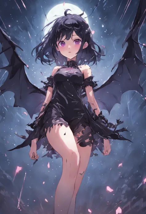 a black haired fairy is the wife of bats. she is dressed in skimpy black sheer clothes. she is has scratches on her legs and arms