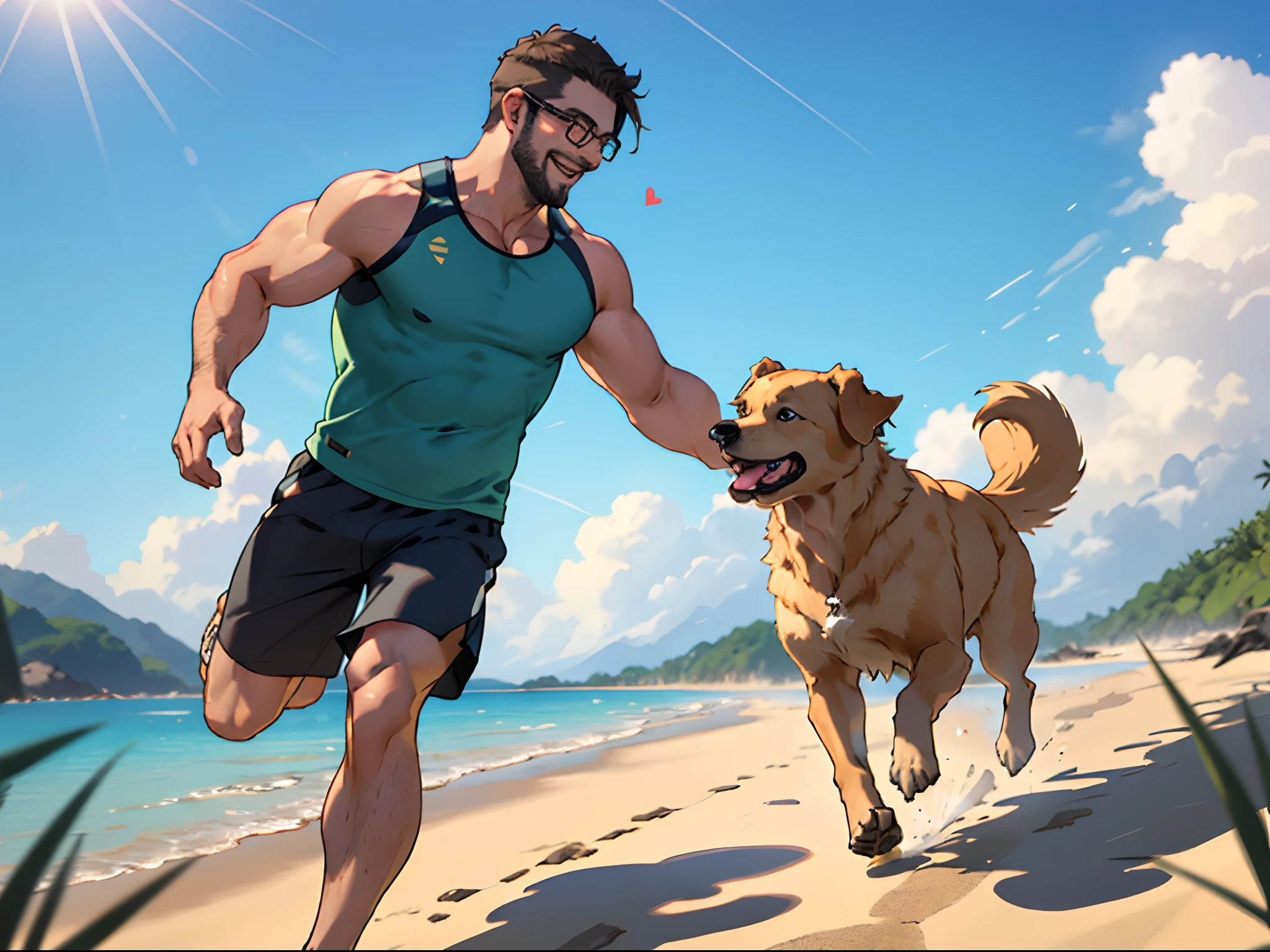 Un hombre con barba y un perro golden retriever, El hombre con gafas, camiseta verde, en la playa, El hombre que corre con el perro, el alto bien detallado, tiro de cuerpo completo, sonrisa feliz, perro feliz, Momento conmovedor, cielo azul, luz de sol, Visto desde el lado