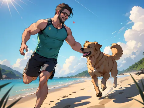 a man with a beard and a golden retriever dog, the man wearing glasses, green tanktop, on the beach, the man running with the do...