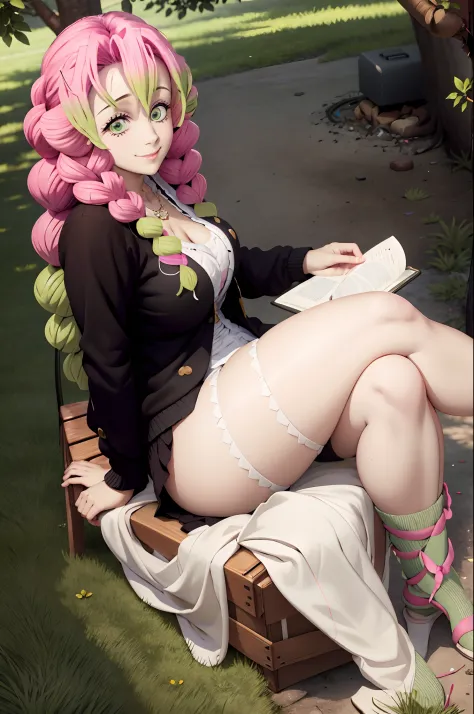 best quality, masterpiece, nice hands, perfect hands,mitsuri, smile,medium  breasts, black Cardigan, sitting under a tree, reading a book, detailed skin texture, (blush:0.5), (goosebumps:0.5), subsurface scattering,crossing leg,big thighs ,white tights, pi...