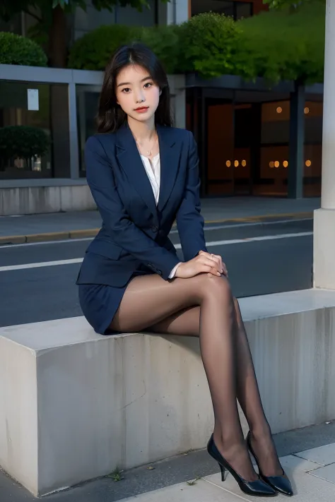 Best quality, Full body portrait, Delicate face, Pretty face, 16yo woman, Slim figure, Large bust, office lady uniform, office clothes, Navy blue stockings, No shoes, Outdoor scene, Sitting position