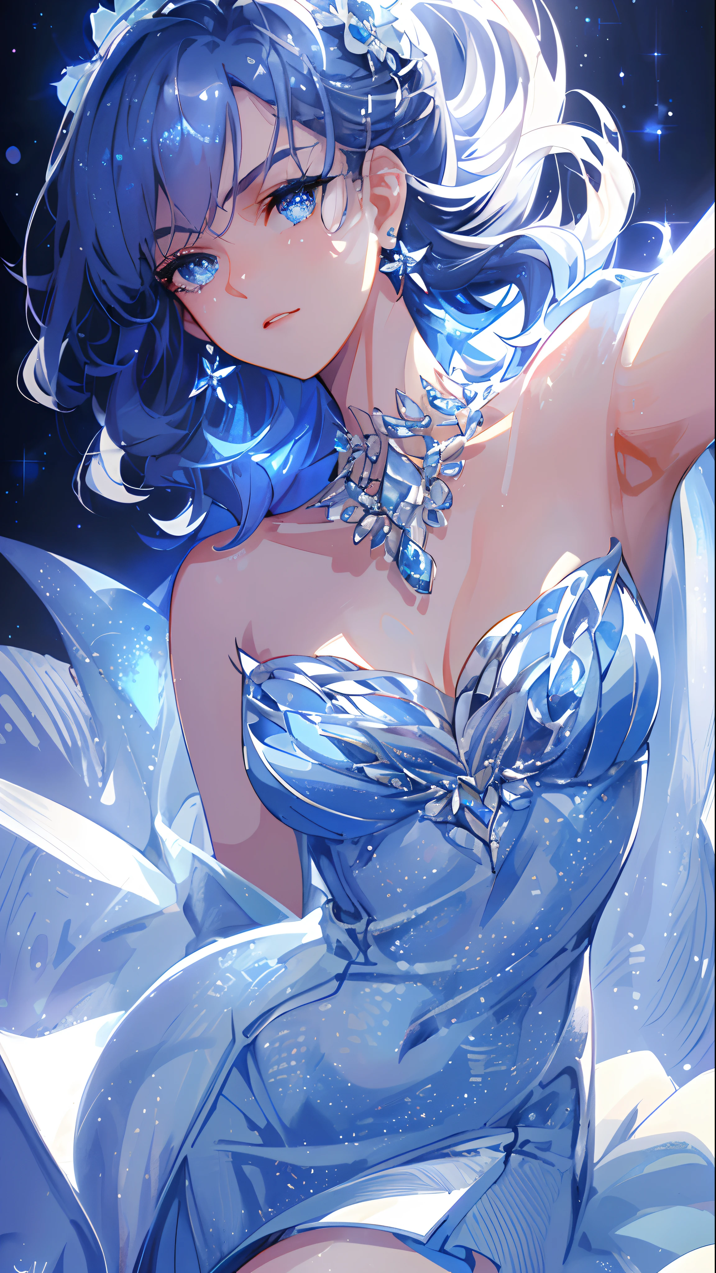 masterpiece, best quality, illustration, sax blue, platinum earrings, platinum necklace, white dress, 1girl, cute, (dynamic lighting:1.2), cinematic lighting, delicate facial features, detailed eyes, sharp pupils, realistic pupils, depth of field, bokeh, sharp focus, (hyper-detailed, bloom, glow:1.4), many small gems