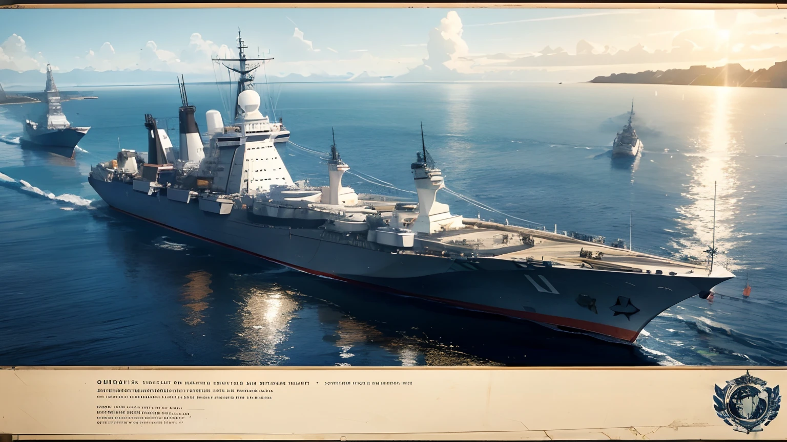 Planes，fleet，warships，Realistic water reflection，Illustrations，A high resolution，Dramatic lighting