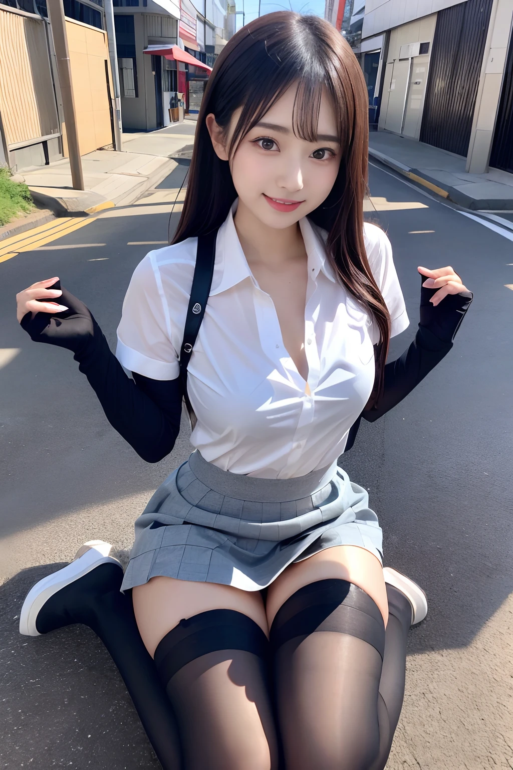 Two 20-year-old women、high-angle shot、Center view、((Shiny shirt、pleatedskirt))、Two arafe asian women in satin shimmies standing in the city、Phenomenally cute girl、japanaese girl、Wearing a lace slip shimmy、a hyperrealistic schoolgirl、a hyperrealistic 、 Pose、full body Esbian、Nice skin、glistning skin、lovely thighs、glowing thigh、shining legs、Black high socks above the knee、High School in Japan 、Nogizaka Idol、Korean Idol、Invite you inside、Inviting eyes、((Black stockings))
