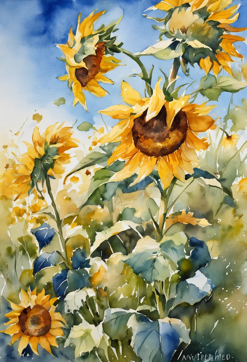 cielo azul claro,Un campo de girasoles、Motor irreal 5, cinematográfico, foto de ángulo bajo, Desenfoque de movimiento, profundidad de campos,  Graduación de color perfecta.  ultra detallado, Hermoso, increíblemente detallada, detalles intrincados, Fotografía editorial, Tomada con una lente de 50 mm., profundidad de campos, Desenfoque de inclinación, velocidad de obturación 1/1000, F/22. Mapas de luz, Super brillante