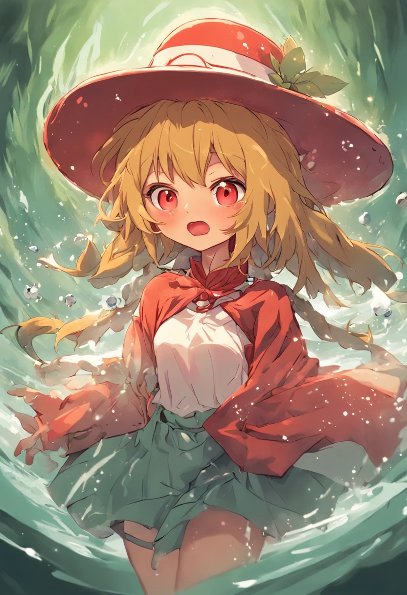 A girl in a red hat and green skirt is standing in the water - SeaArt AI