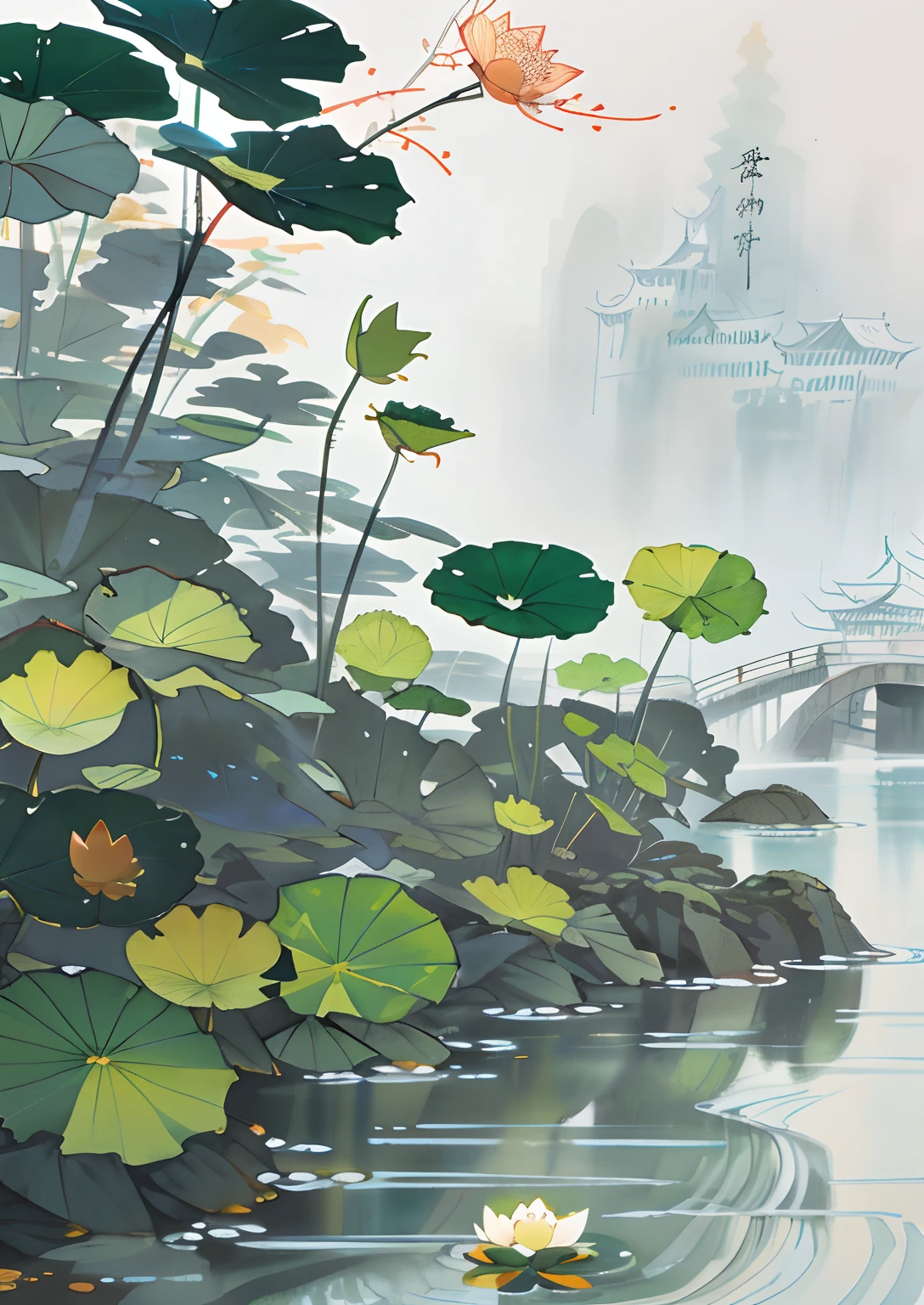 white backgrounid，There are fish，there are waters，There are lotus leaves，There are dew drops on the lotus leaves，China-style，There are buildings